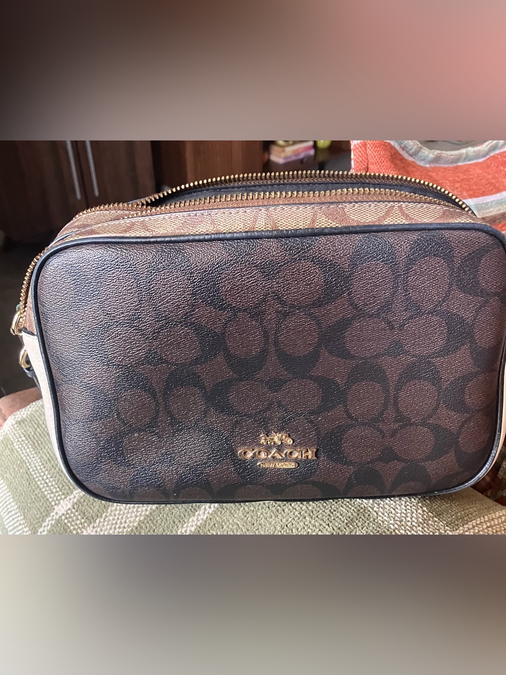 COACH Brown Signature Canvas Crossbody with Gold Logo